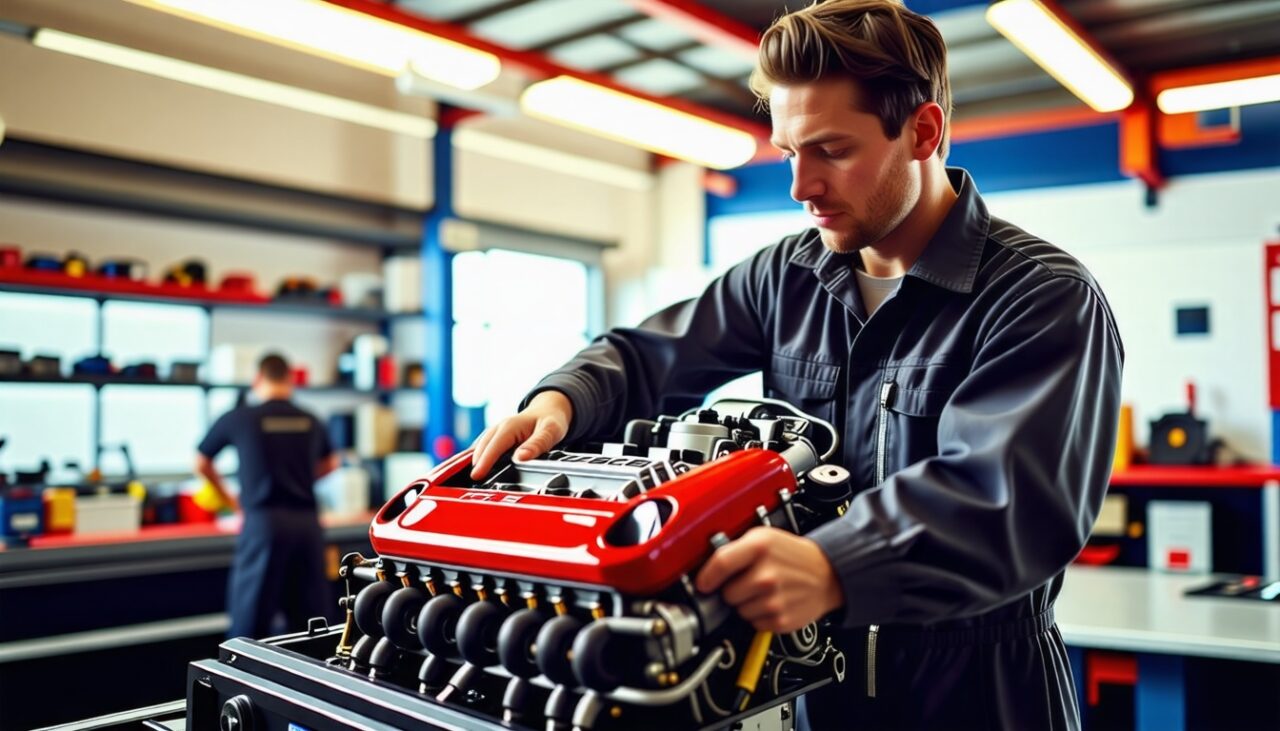 Un mécanicien inspectant un moteur de Porsche dans un atelier