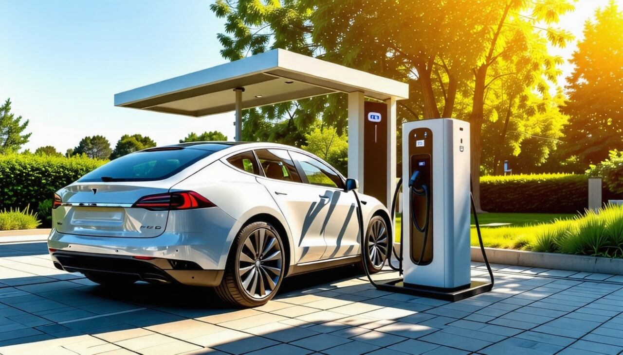 Une voiture électrique se recharge à une station de recharge moderne, entourée de verdure, sous un éclairage diurne lumineux.