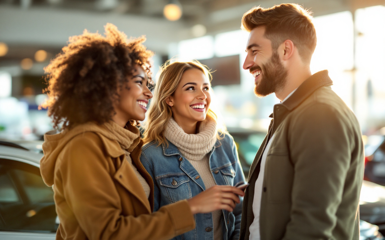 un-couple-heureux-choisissant-une-nouvelle-voiture-dans-une-concession-avec-un-sourire-sur-leurs-visages-et-une-ambiance-chaleureuse-sous-le-soleil