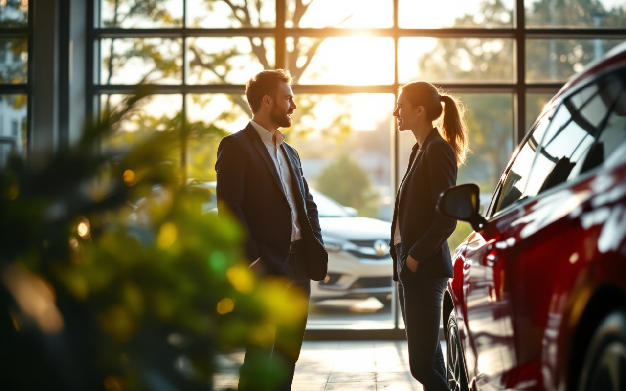 Deux personnes en train de n&eacute;gocier l'achat d'une voiture dans un concessionnaire automobile moderne, pr&egrave;s d'une voiture rouge &eacute;tincelante, avec une lumi&egrave;re douce filtrant &agrave; travers les fen&ecirc;tres.