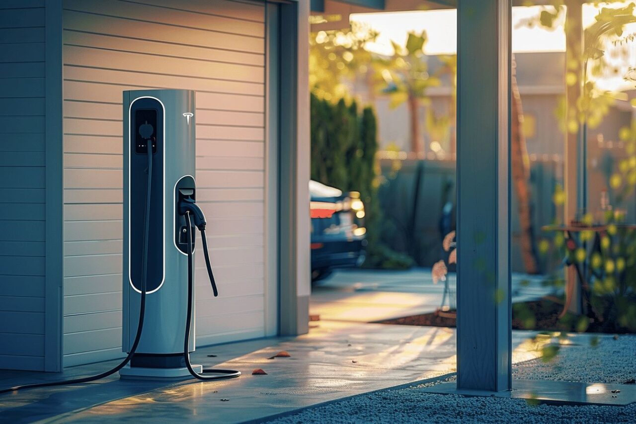 Borne de recharge installée dans un jardin
