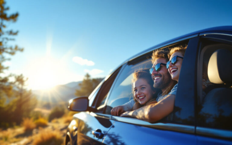 une-famille-heureuse-voyage-dans-un-suv-electrique-profitant-dune-route-pittoresque-sous-un-ciel-bleu-avec-des-arbres-et-un-paysage-naturel-en-arriere-plan