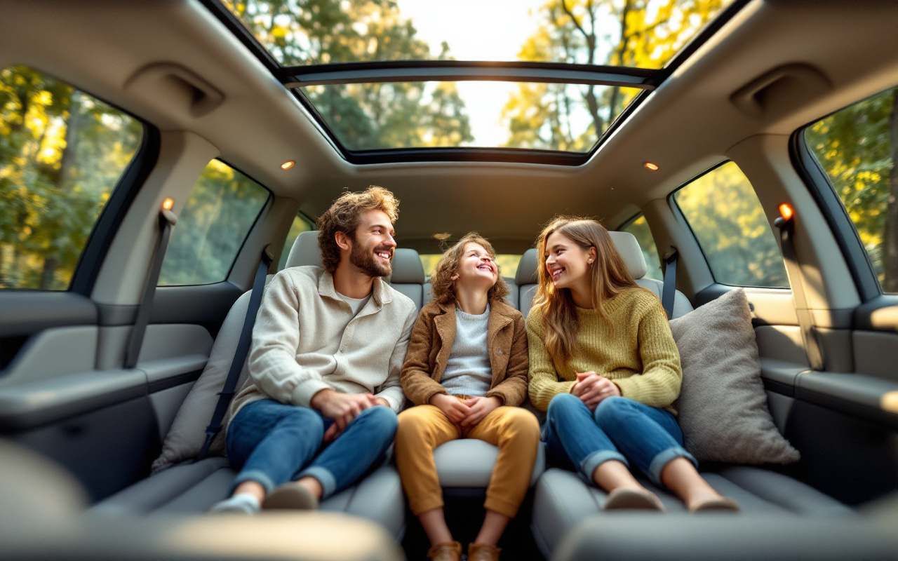 Intérieur confortable d'un SUV électrique avec des enfants, mettant en avant des sièges spacieux et une ambiance ludique, baigné de lumière naturelle provenant d'un grand toit panoramique.
