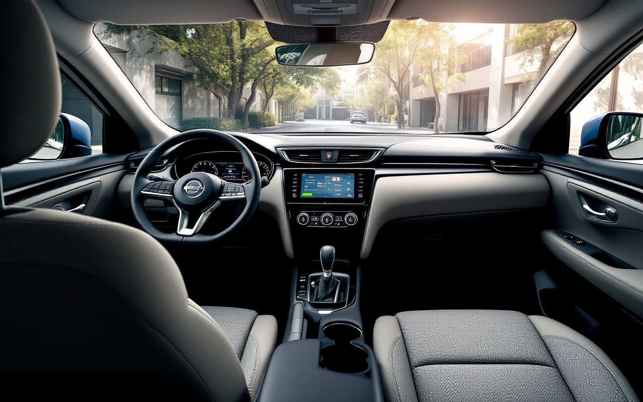 Vue intérieure d'une Nissan Qashqai, mettant en évidence un tableau de bord moderne, des technologies avancées, des sièges confortables et un éclairage d'ambiance, dans un environnement lumineux.