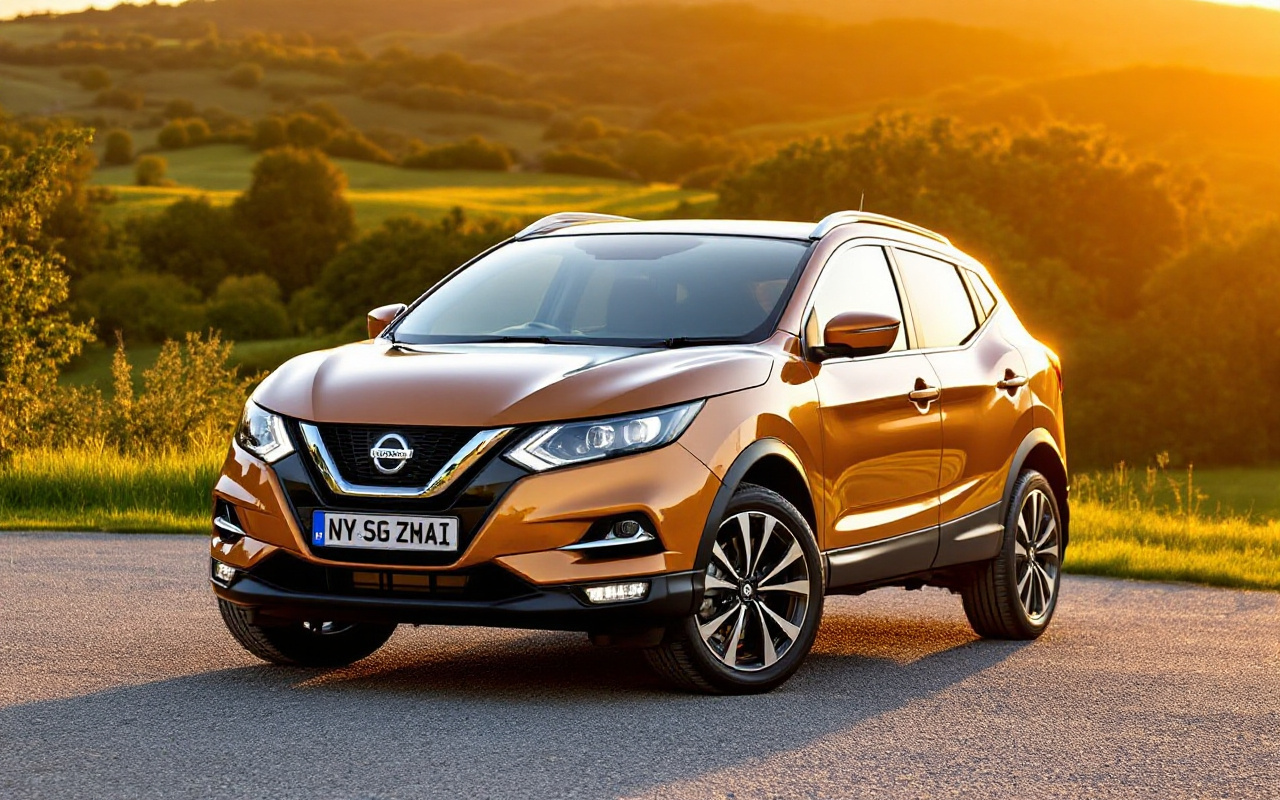 Image d'une Nissan Qashqai garée dans un endroit pittoresque, entourée d'une végétation luxuriante et de collines verdoyantes, baignée par la lumière dorée de l'heure d'or.