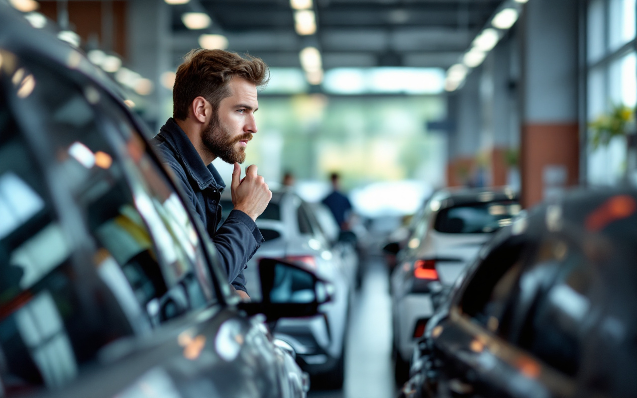 Un homme en train de comparer des options de voitures dans un concessionnaire, entouré de voitures modernes, avec une expression concentrée et un éclairage naturel dans l'intérieur lumineux.