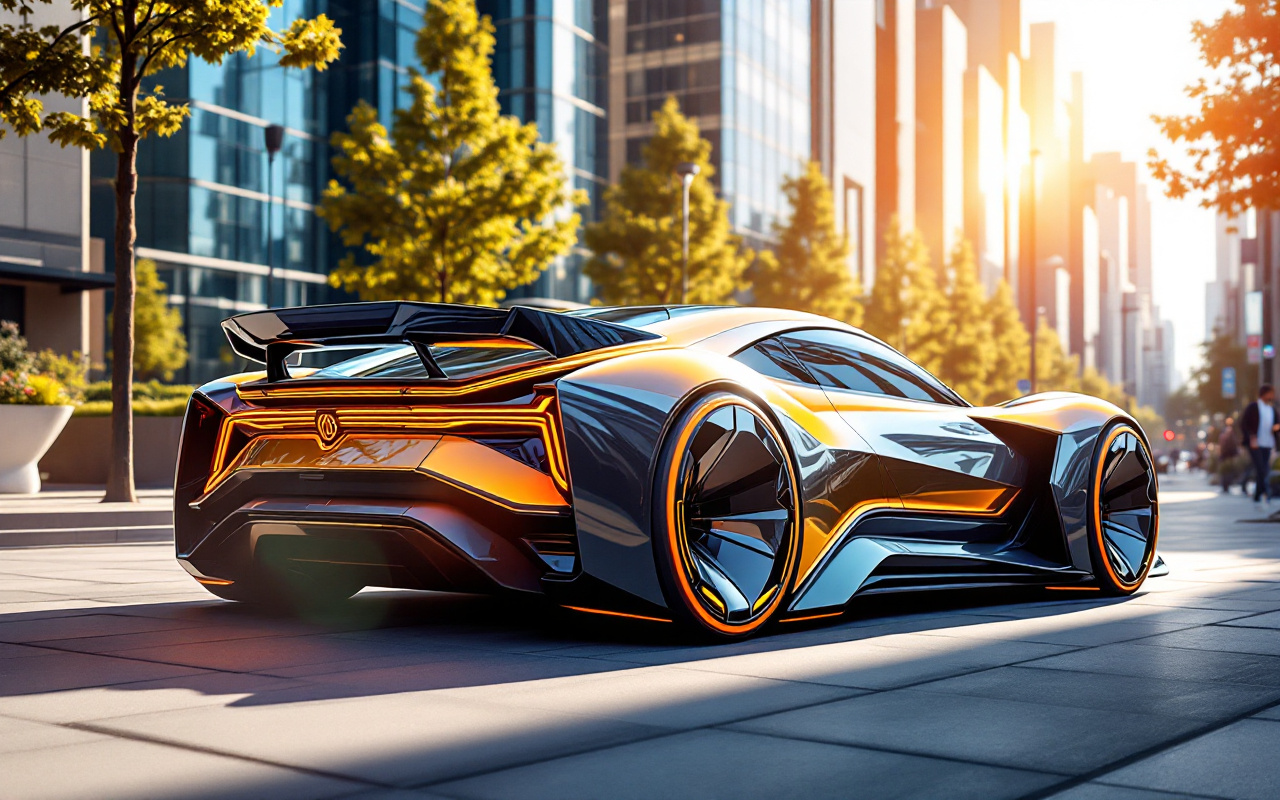 Image d'un nouveau modèle de voiture avec des caractéristiques modernes, affichant un design élégant dans un environnement urbain baigné par une lumière vive de l'après-midi.