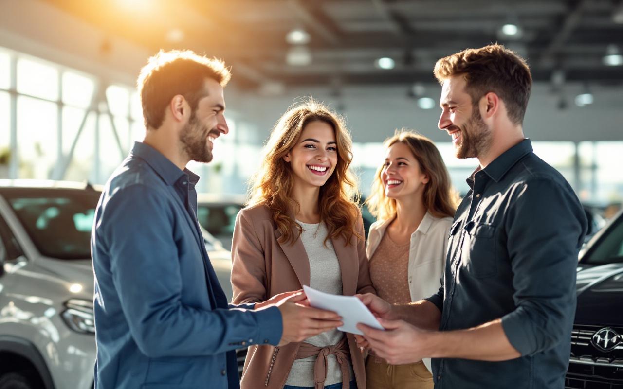 Une concession automobile animée avec des clients souriants interagissant avec du personnel amical, entourés de voitures modernes et sous un éclairage ensoleillé.