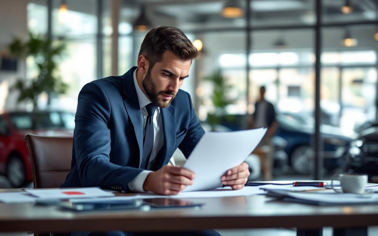 Un courtier automobile en train de négocier les prix des voitures dans une concession, entouré de documents et de brochures, avec une ambiance professionnelle et lumineuse.