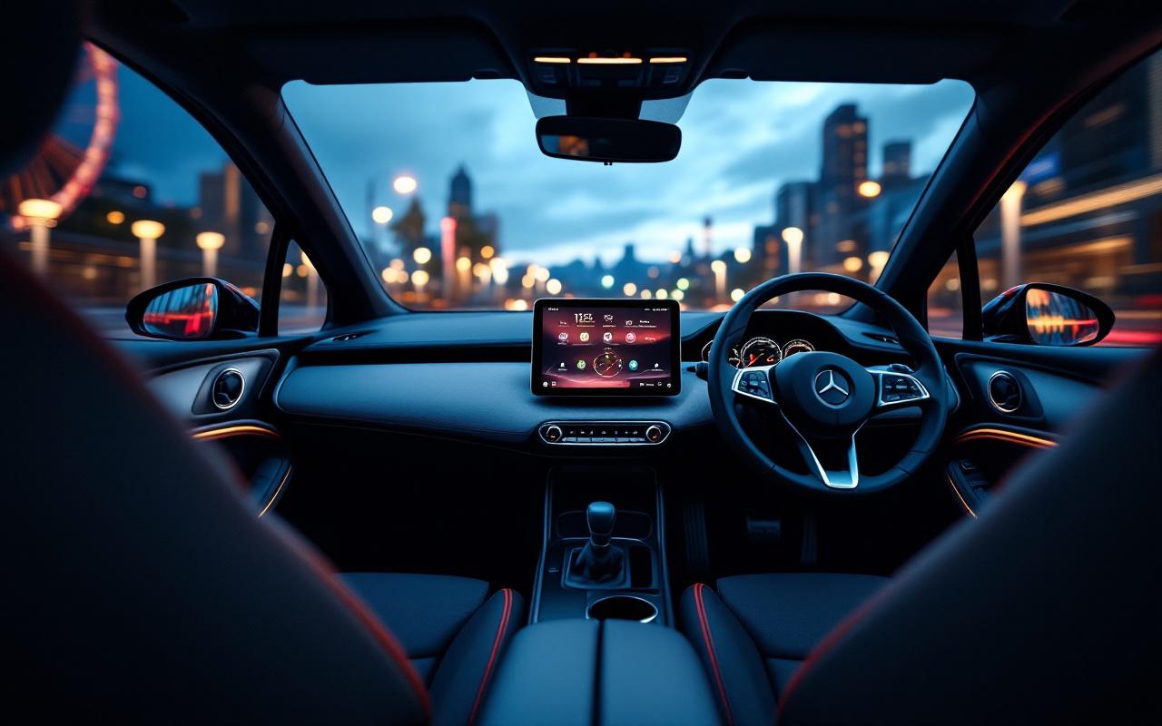Gros plan sur l'intérieur moderne d'une petite voiture, mettant en avant un tableau de bord élégant, des sièges confortables et un affichage high-tech sous une lumière ambiante douce.
