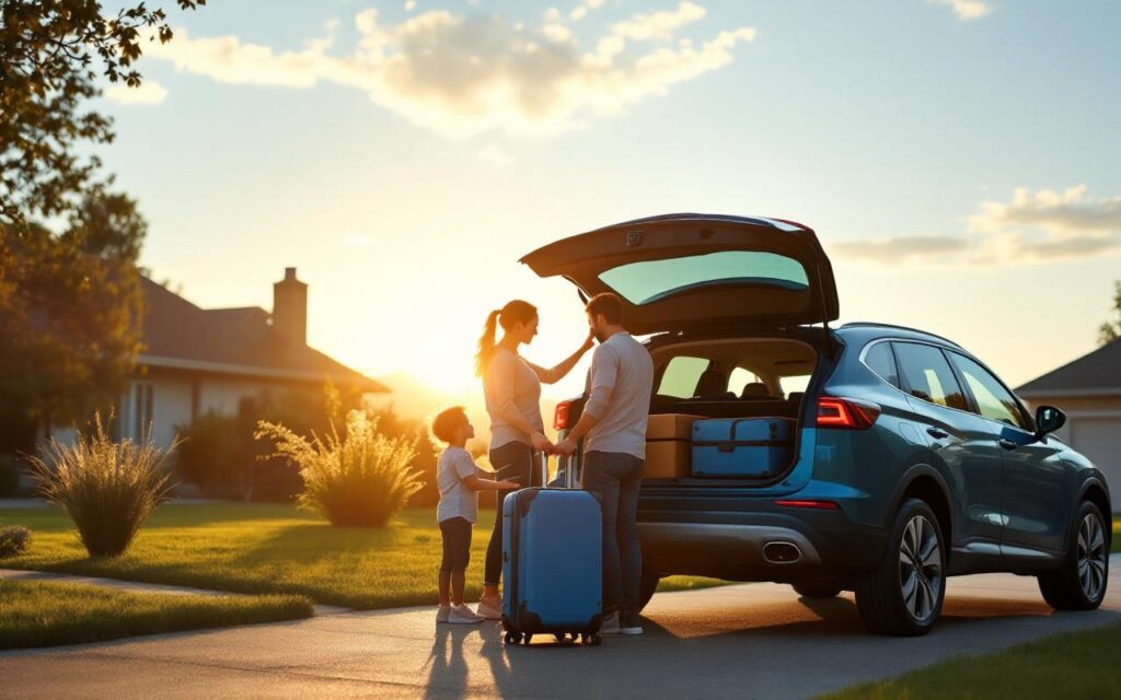 Une famille charge des valises dans le coffre d'un SUV compact garé dans une allée de banlieue au coucher du soleil, lumière dorée douce, ambiance naturelle, parents et deux enfants organisant les bagages.