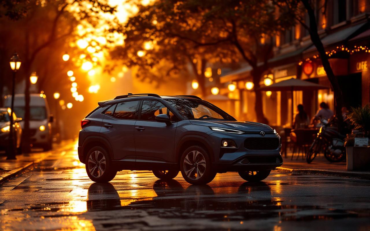 SUV économique garé sur une rue de ville au coucher du soleil, reflets chauds sur l'asphalte, cafés et lampadaires en arrière-plan, rayons de soleil volumétriques et ombres naturelles.