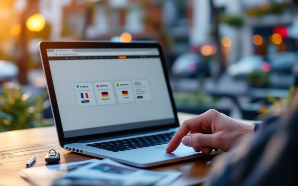 Un acheteur de voiture assis à une table de café, comparant des prix sur un ordinateur portable affichant des sites de concessionnaires français et allemands avec drapeaux et étiquettes de prix, clés et brochures à côté, éclairage doux de coucher de soleil.