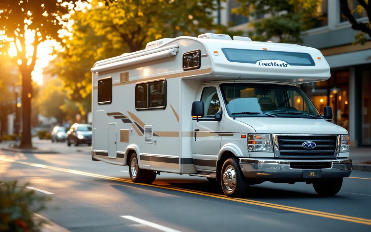 Un camping-car profilé compact garé le long d'une rue de ville devant des vitrines et des arbres, éclairé par un coucher de soleil doré, couleurs dominantes blanc, beige chaud et bleu profond, ambiance réaliste et naturelle.