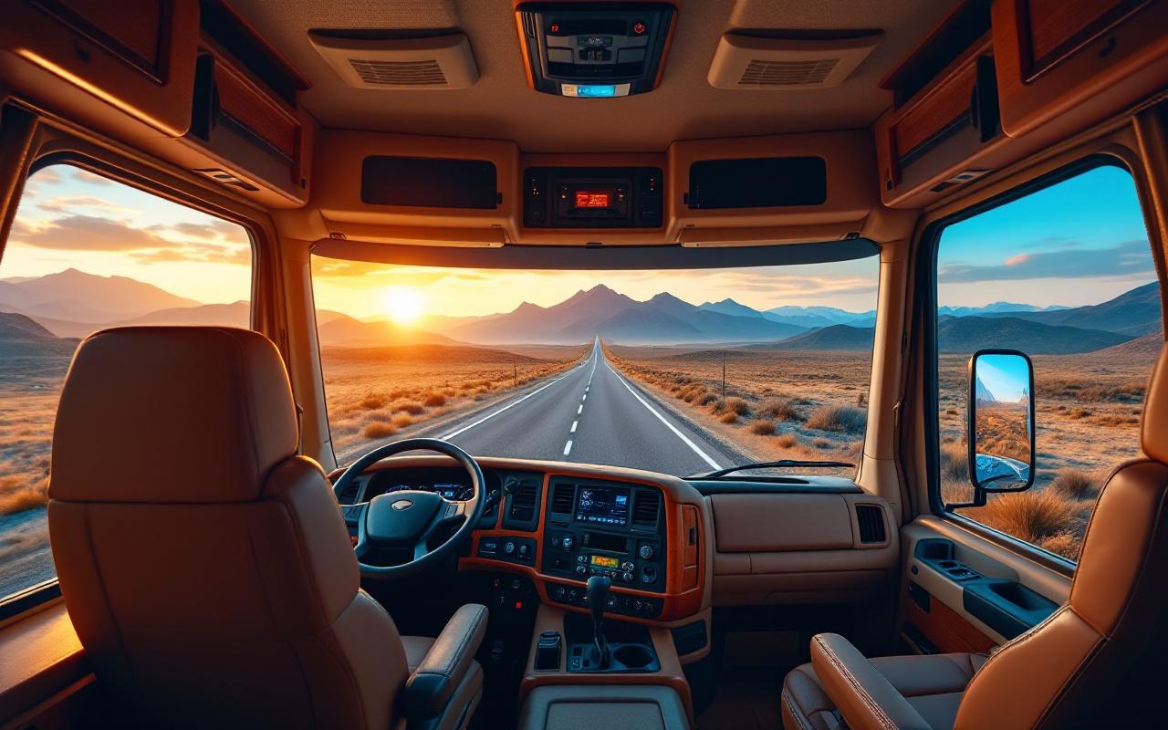 Cockpit panoramique d'une autocaravane avec un large pare-brise offrant une vue dégagée sur une route et des montagnes au coucher du soleil, tableau de bord détaillé, sièges en cuir et finitions bois, éclairage doux.