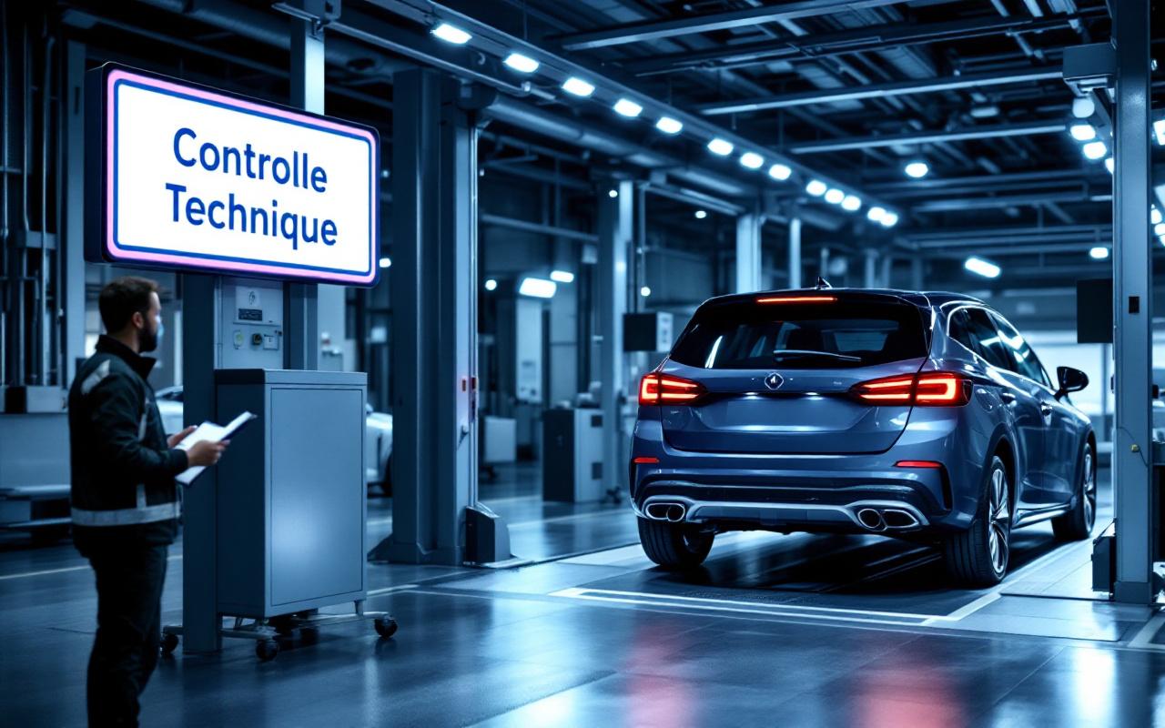 Voiture importée sur un pont d'inspection dans un centre de contrôle technique français, technicien vérifiant avec un carnet, panneau « Contrôle Technique » visible, éclairage naturel doux et tons bleus-gris.
