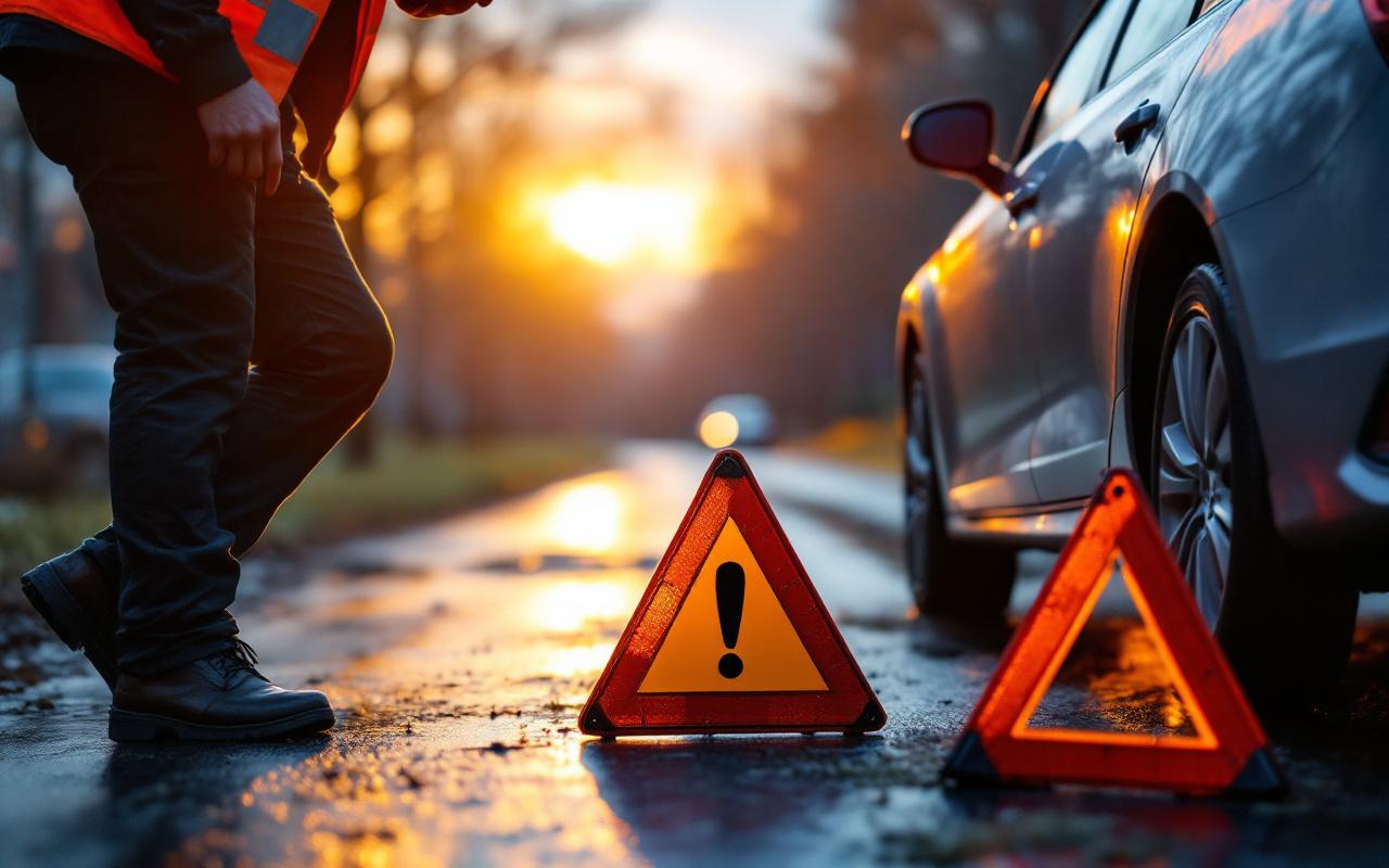 Un conducteur vérifie un kit de sécurité et place un triangle de signalisation rouge à côté d'une voiture garée au bord de la route ; trousse de premiers secours et gilet réfléchissant visibles, ambiance réaliste au coucher du soleil.