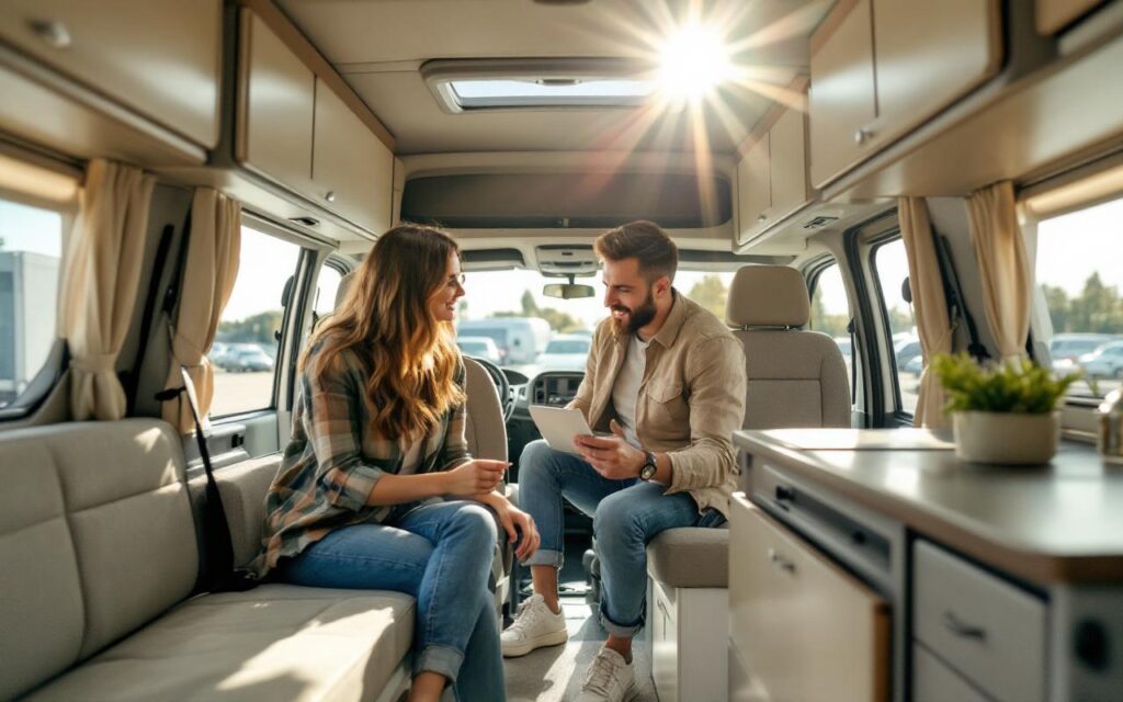 Un couple examine l'intérieur d'un campervan sur le parking d'une concession, lumière naturelle douce, mobilier en bois clair et tissus beiges, ambiance réaliste et chaleureuse