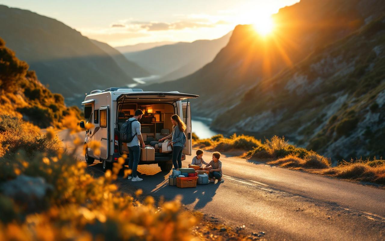 Une famille prépare un camping-car pour un road trip sur une route panoramique, parents et enfants chargent des bagages et du matériel de pique-nique, lumière dorée du coucher de soleil, ambiance naturelle et chaleureuse.