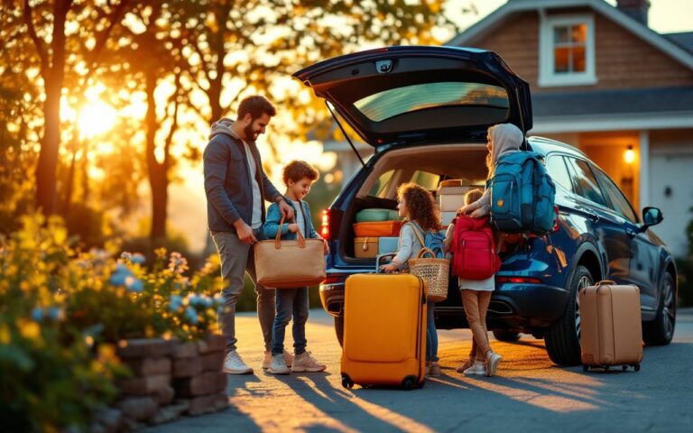 Une famille charge le coffre d'une voiture avec des valises, sacs à dos et accessoires de voyage sur une allée résidentielle au coucher du soleil, lumière volumétrique chaude, ambiance naturelle et moments complices.