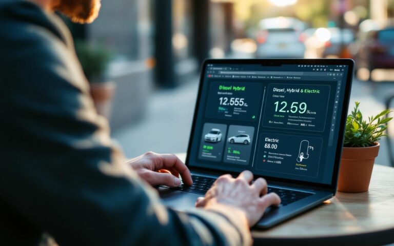 Un conducteur consulte sur son ordinateur portable des options de voitures diesel, hybride et électrique ; l'écran montre trois icônes et caractéristiques. Scène réaliste, assis à une table en ville, expression naturelle, lumière douce du matin, arrière-plan urbain flou.