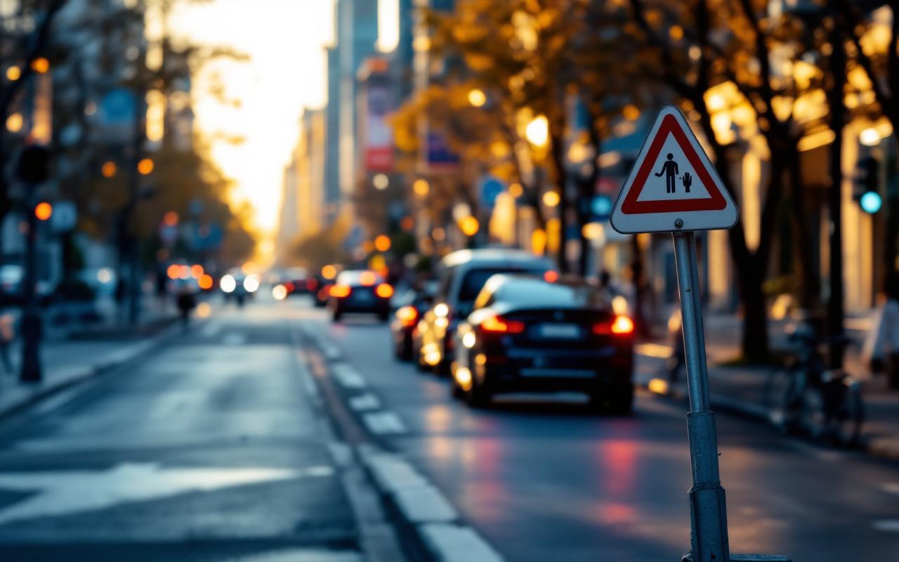 Photo réaliste d'une route urbaine au coucher de soleil, panneau indiquant une zone à faibles émissions au premier plan, voitures modernes circulant, lumière volumétrique dorée avec tons dominants bleu froid et ambre chaud, quelques piétons et immeubles en arrière-plan.