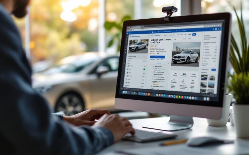 Un acheteur compare des annonces de voitures sur un ordinateur, une voiture d’occasion européenne se trouvant en arrière-plan.