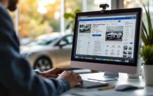 Un acheteur compare des annonces de voitures sur un ordinateur, une voiture d’occasion européenne se trouvant en arrière-plan.