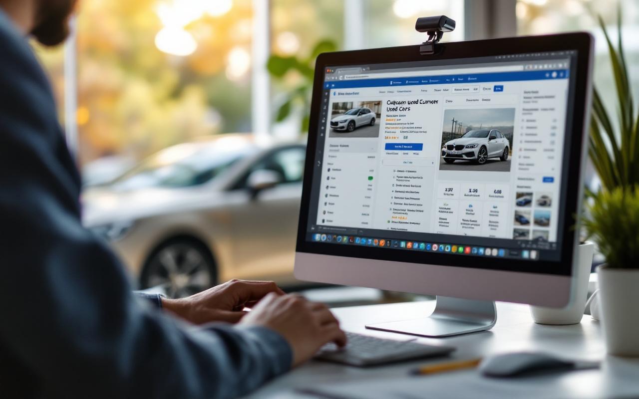 Un acheteur compare des annonces de voitures sur un ordinateur, une voiture d’occasion européenne se trouvant en arrière-plan.