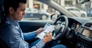 Conducteur examinant ses documents d'assurance auto dans son véhicule