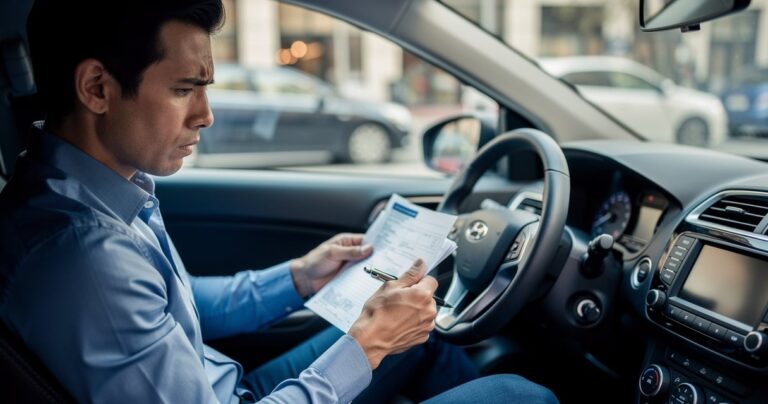 Conducteur examinant ses documents d'assurance auto dans son véhicule