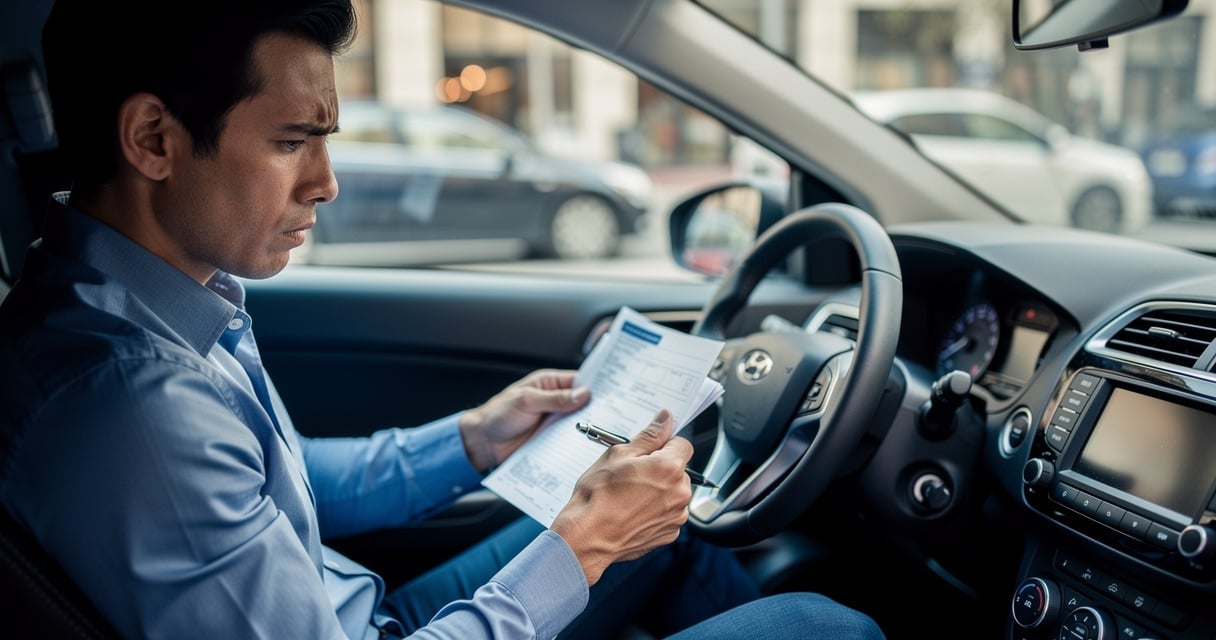 Conducteur examinant ses documents d'assurance auto dans son véhicule