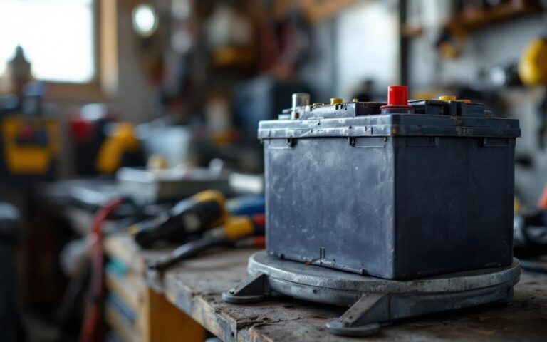 Une batterie de voiture usagée posée sur une balance dans un atelier auto, avec une lumière naturelle et une ambiance de reportage technique.