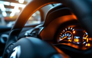 Citroën C3 essence avec le voyant moteur orange allumé sur le tableau de bord, photographié dans un atelier automobile, lumière fluorescente chaude et rendu réaliste.