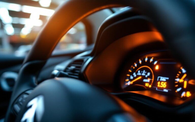 Citroën C3 essence avec le voyant moteur orange allumé sur le tableau de bord, photographié dans un atelier automobile, lumière fluorescente chaude et rendu réaliste.
