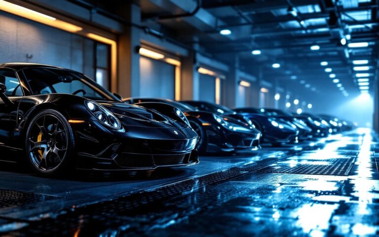 Garage automobile de luxe à Monaco la nuit, plusieurs supercars brillantes et rangées, reflets lumineux sur la carrosserie et le sol humide, éclairage cinématographique.