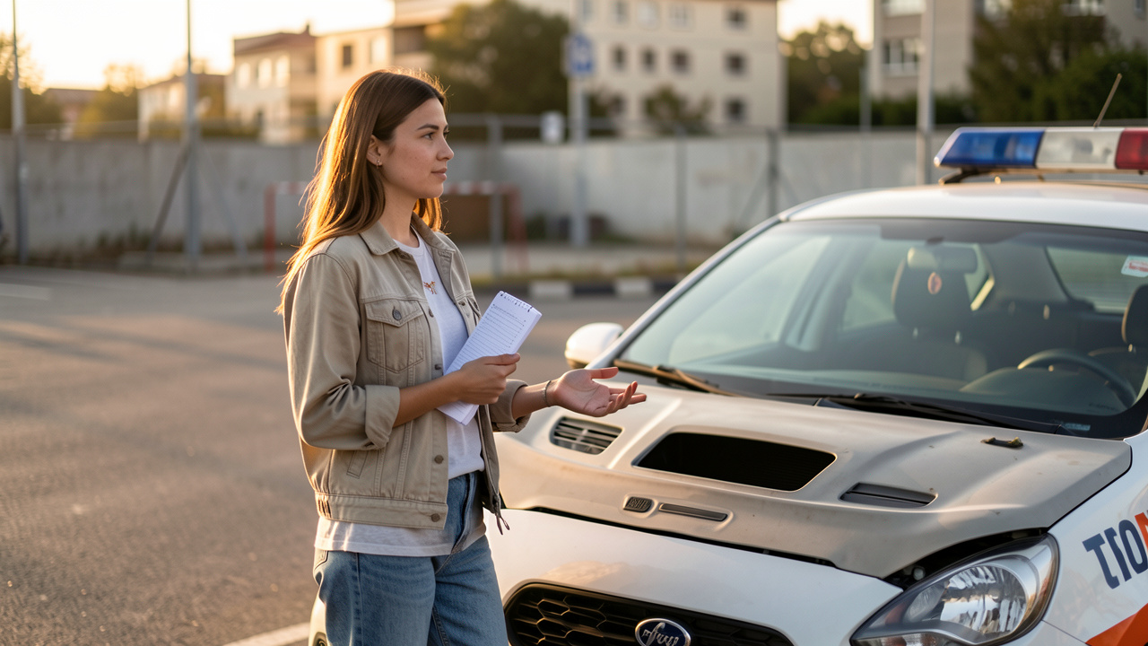 Jeune femme préparant un oral du permis B devant une voiture d’auto-école, lumière naturelle réaliste et ambiance documentaire.