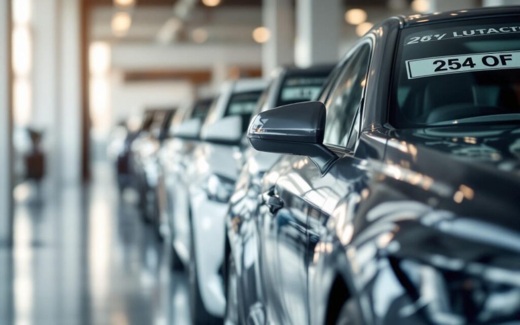 Voitures neuves rangées dans une concession automobile, disposition soignée et ambiance sobre, avec des étiquettes de prix visibles sur les pare-brise.