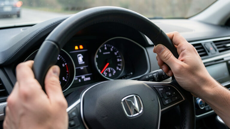 Vue rapprochée du tableau de bord d’une voiture avec un voyant moteur allumé, le conducteur vérifiant calmement les indicateurs avant de partir.