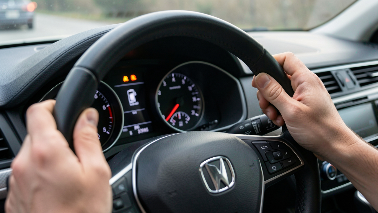 Vue rapprochée du tableau de bord d’une voiture avec un voyant moteur allumé, le conducteur vérifiant calmement les indicateurs avant de partir.