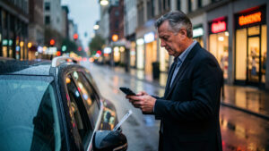 Un conducteur consulte ses dépenses auto sur son smartphone près de sa voiture, dans une ambiance urbaine moderne au crépuscule.