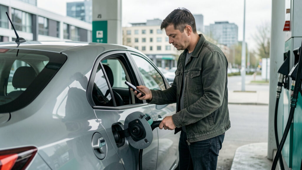 Un homme fait le plein d’une voiture compacte dans une station-service en milieu urbain moderne, puis vérifie ses dépenses sur son téléphone.