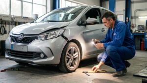 Voiture citadine dans un atelier automobile, après un léger choc. Un mécanicien examine l’avant et le côté avant de la voiture avec une lampe et des outils de mesure.
