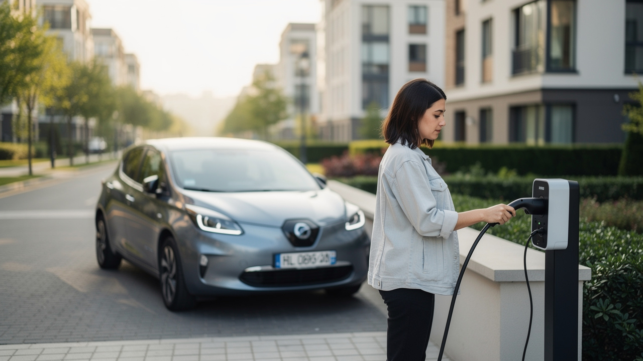 Une conductrice branche une petite voiture citadine électrique sur une borne de recharge résidentielle, avec des immeubles urbains en arrière-plan.