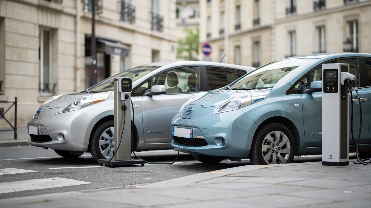 Deux citadines modernes garées dans une rue urbaine française, avec une voiture électrique en charge et une voiture essence près d’une pompe.
