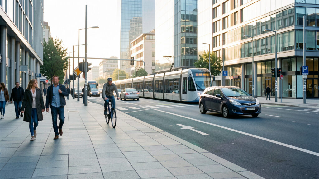 Rue urbaine moderne éclairée par la lumière matinale, avec un vélo, un tramway, une voiture compacte et deux piétons.