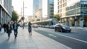 Rue urbaine moderne éclairée par la lumière matinale, avec un vélo, un tramway, une voiture compacte et deux piétons.