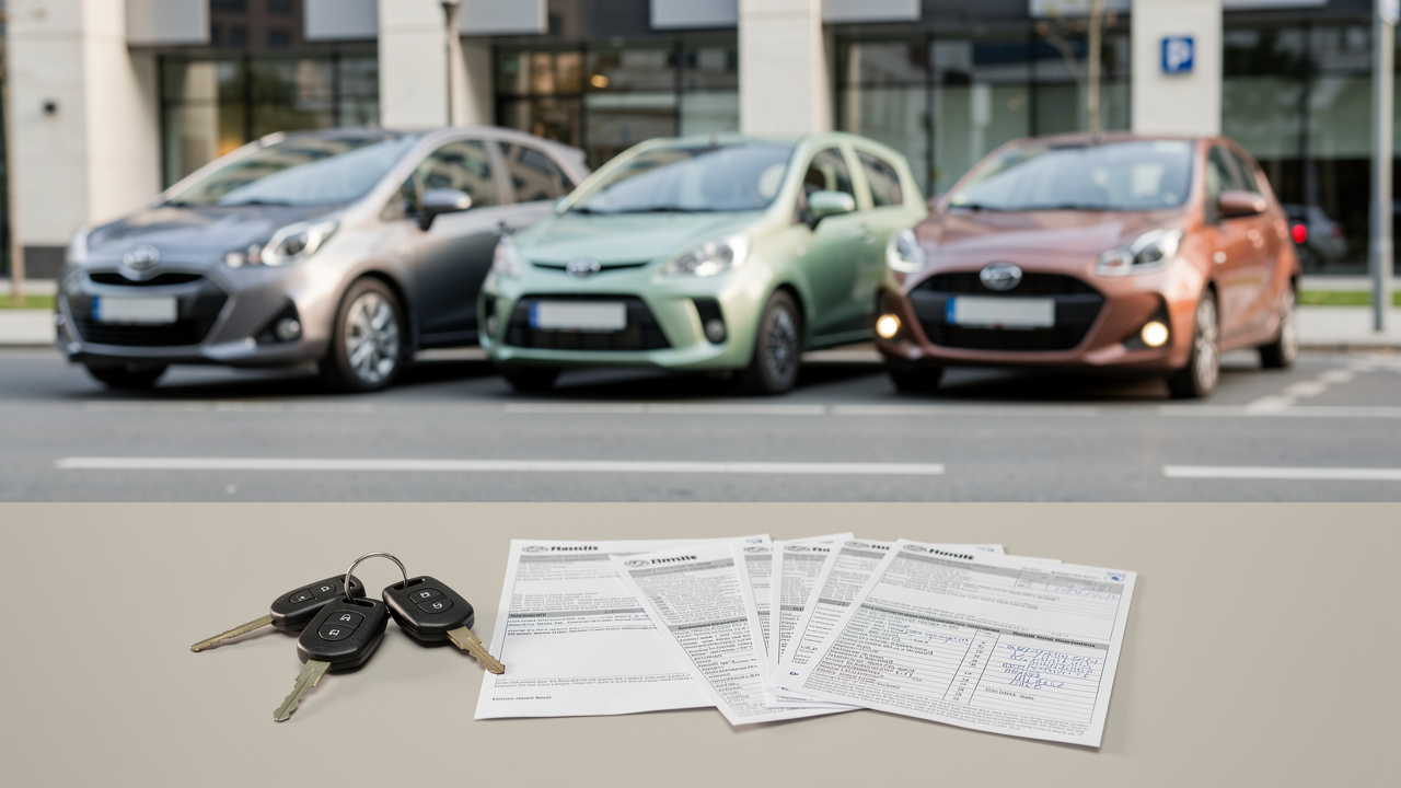 Trois citadines essence d’occasion de couleurs différentes garées dans une rue urbaine, avec des clés et des documents de budget automobile vierges au premier plan.