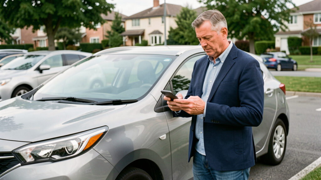 Un homme consulte ses dépenses automobiles sur un smartphone devant une voiture compacte, dans une lumière naturelle.