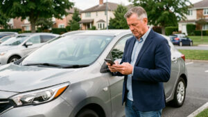 Un homme consulte ses dépenses automobiles sur un smartphone devant une voiture compacte, dans une lumière naturelle.